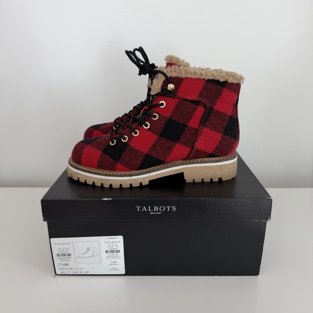 Talbots Women's 7.5 JILLY BUFFALO PLAID LACE UP BOOTS Red & Black Sherpa Lined‎